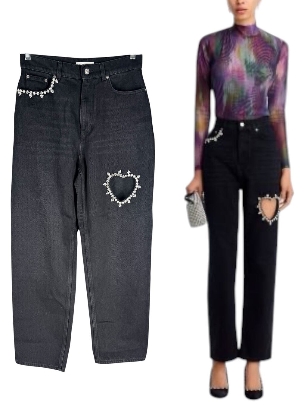 New Area Crystal Heart High Rise Straight Leg Jeans Black Size 29